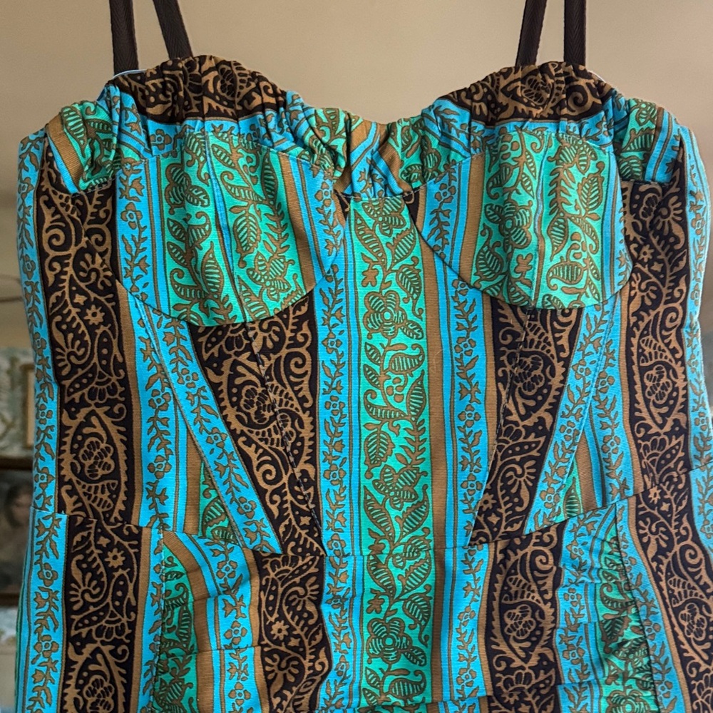 SALONI Blue Brown and Green Psychedelic Mini Dress Corset Bustier size 4 Small